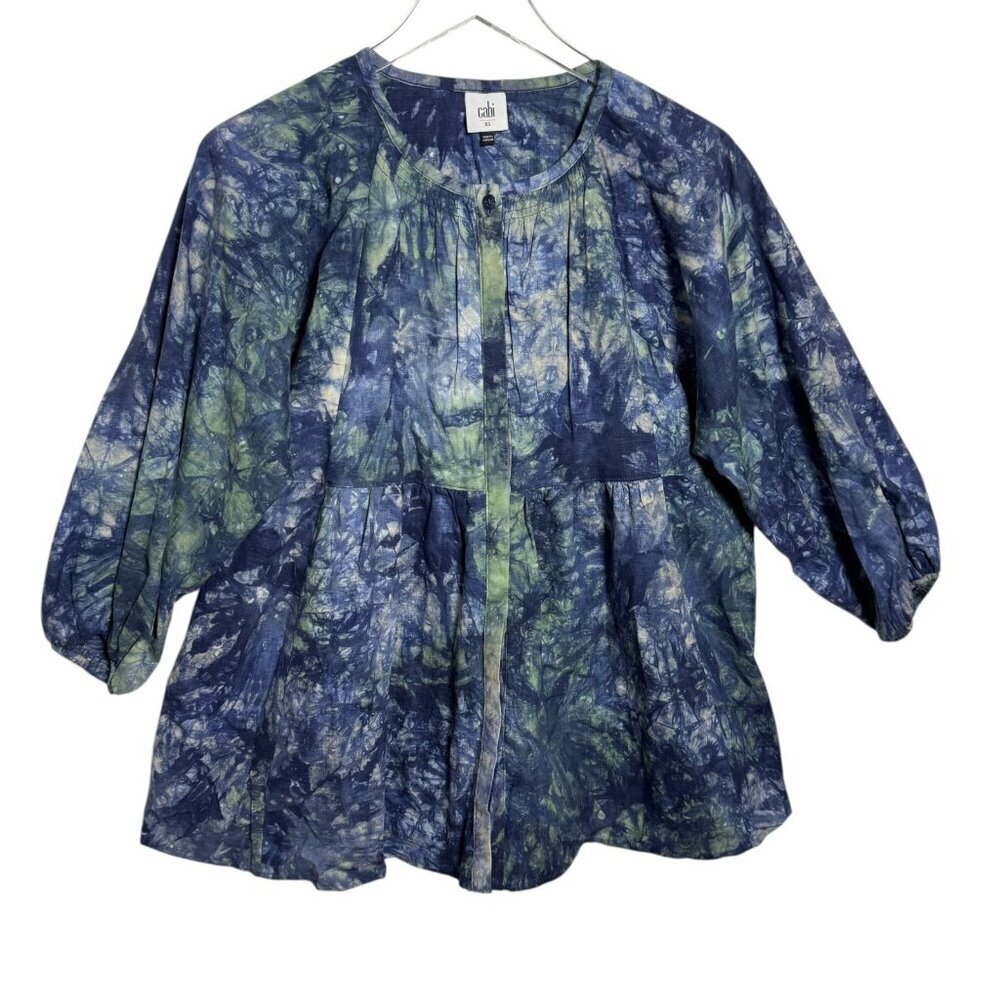 CAbi Woodstock Top XS #5714 Blue Green Linen Tie Dye Boho 3/4 Sleeve Blouse